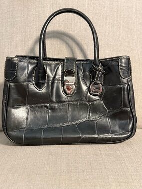 Dooney & Bourke Black Croc Embossed Leather Satchel Crossbody
